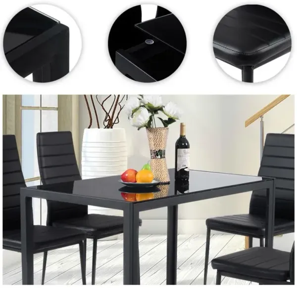 Hivvago 5 Piece Black Glass Tabletop Dining Set With Soft Leather Chairs