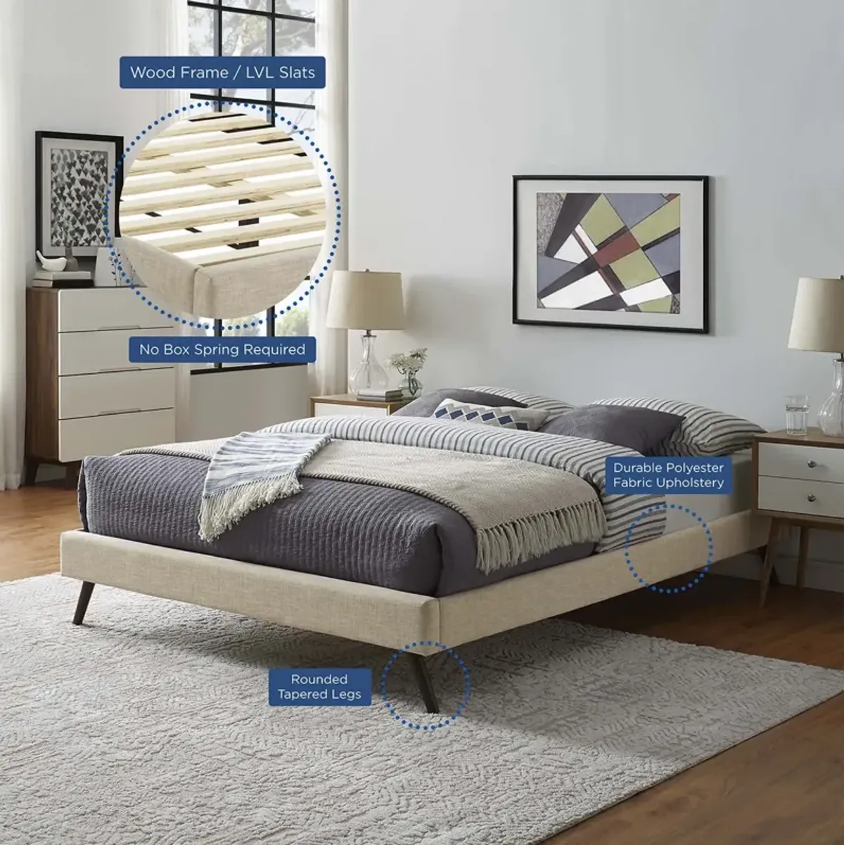 Modway - Loryn Queen Fabric Bed Frame with Round Splayed Legs