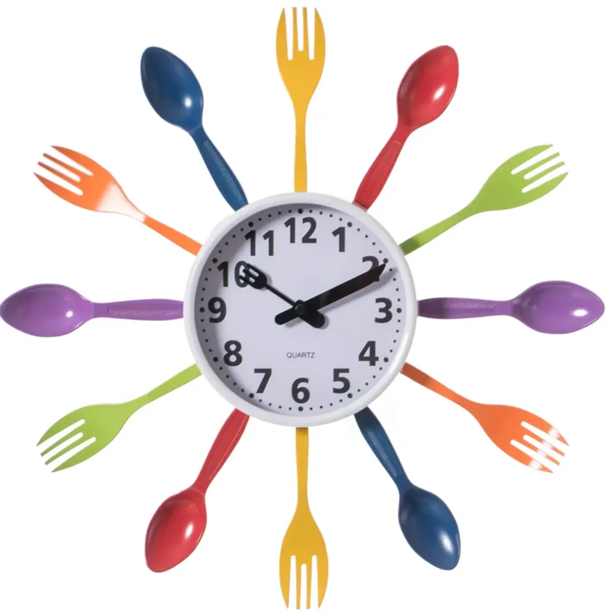 Decorative 3D Cutlery Utensil Spoon and Fork Wall Clock for Kitchen, Playroom or Bedroom, Multicolor