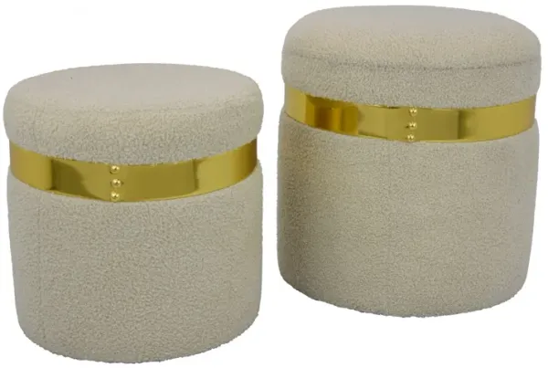 Akasa Ottoman with Storage Set of 2, Tan Brown Fabric with Gold Trim - Benzara