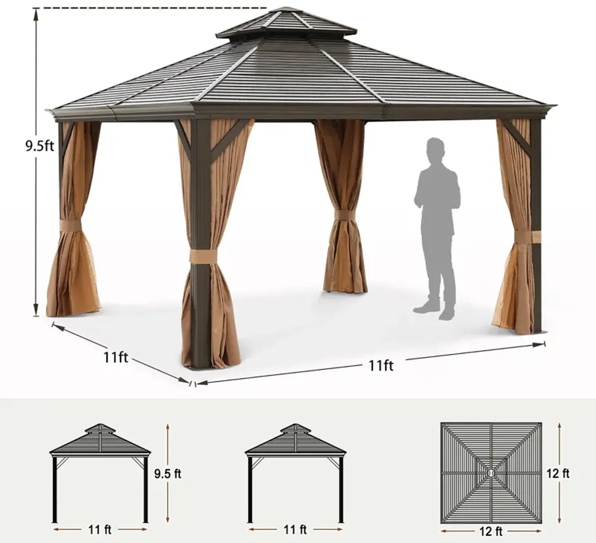 MONDAWE 12 ft. x 12 ft. Weatherproof Canopy Dark Brown Aluminium Alloy Gazebo with Netting and Brown Curtains