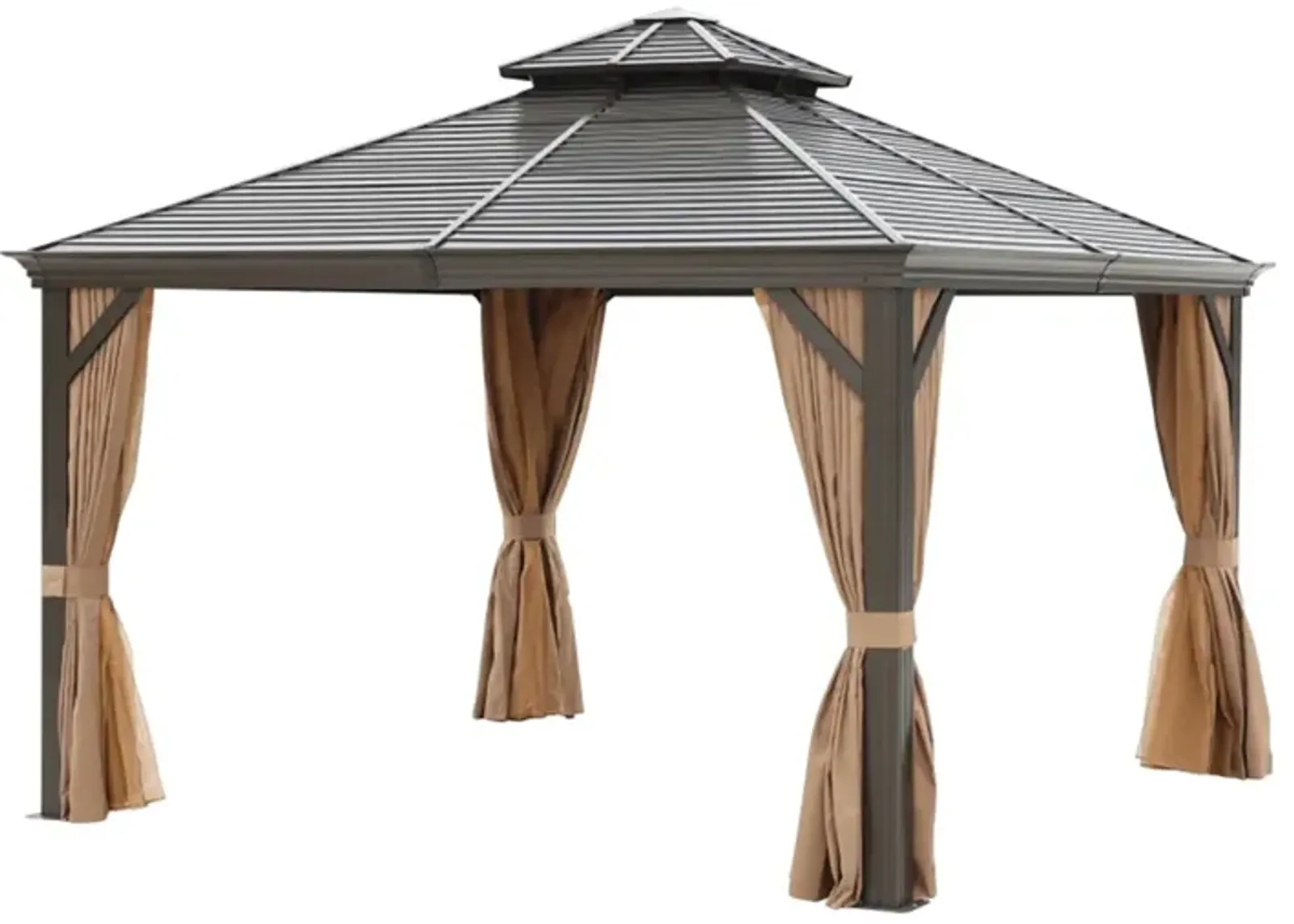 MONDAWE 12 ft. x 12 ft. Weatherproof Canopy Dark Brown Aluminium Alloy Gazebo with Netting and Brown Curtains