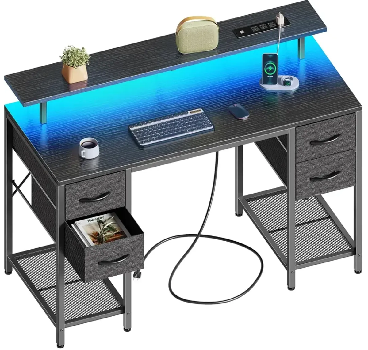 Huuger 47 inch Computer Desk with 4 Drawers, Gaming Desk with LED Lights & Power Outlets, Home Office Desk with Large Storage Sp