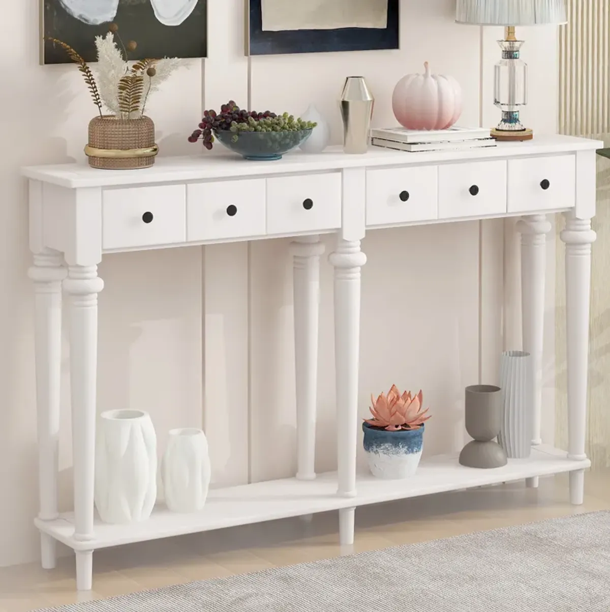 Gewnee Retro Console Table with 4 Drawers and Open Shelf (White)