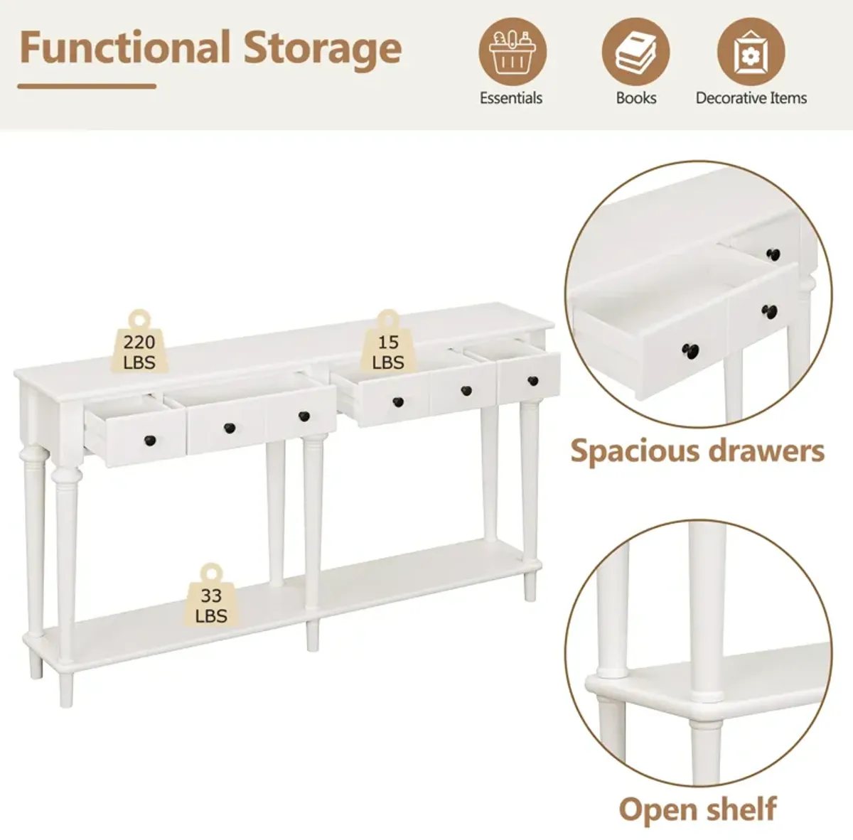 Gewnee Retro Console Table with 4 Drawers and Open Shelf (White)