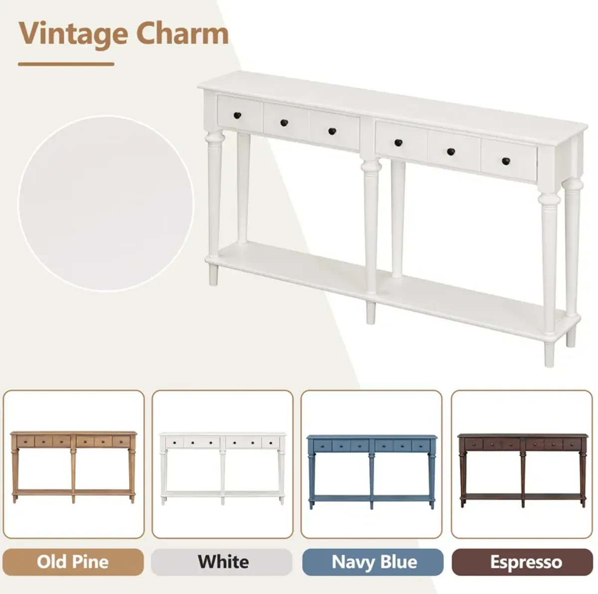 Gewnee Retro Console Table with 4 Drawers and Open Shelf (White)