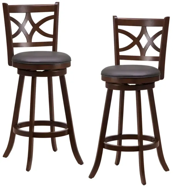 Set of 2 Bar Chairs 360� Swivel with Leather Cushioned Seat and Rubber Wood Frame