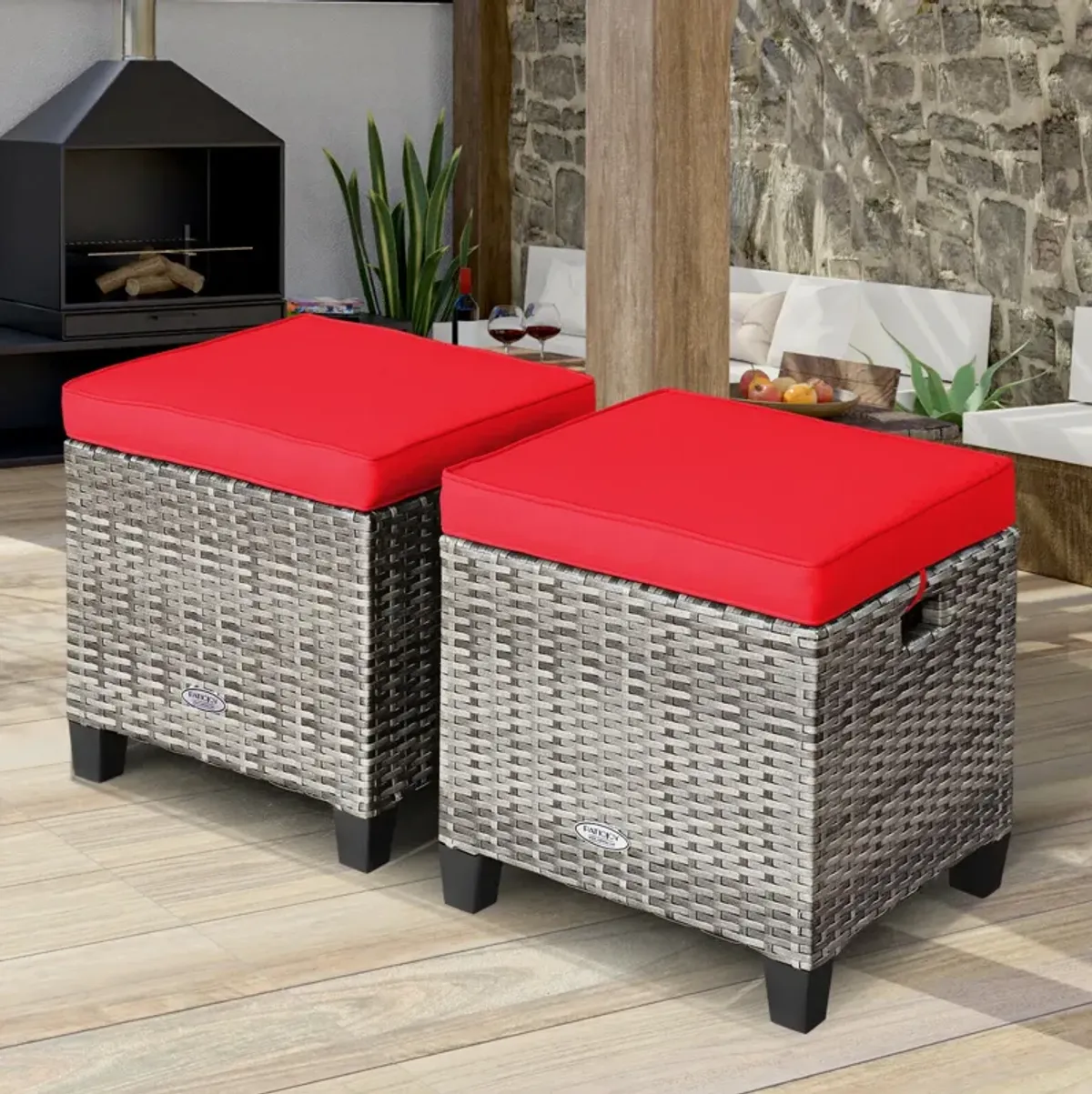 2PCS Patio Rattan Wicker Ottoman Seat with Removable Cushions