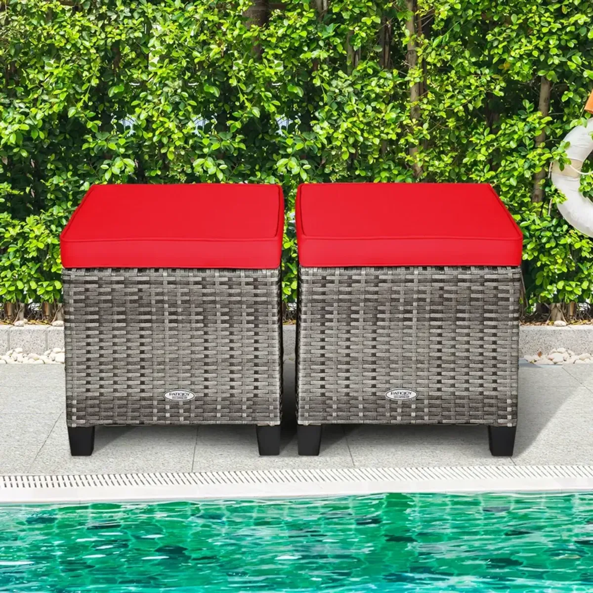 2PCS Patio Rattan Wicker Ottoman Seat with Removable Cushions