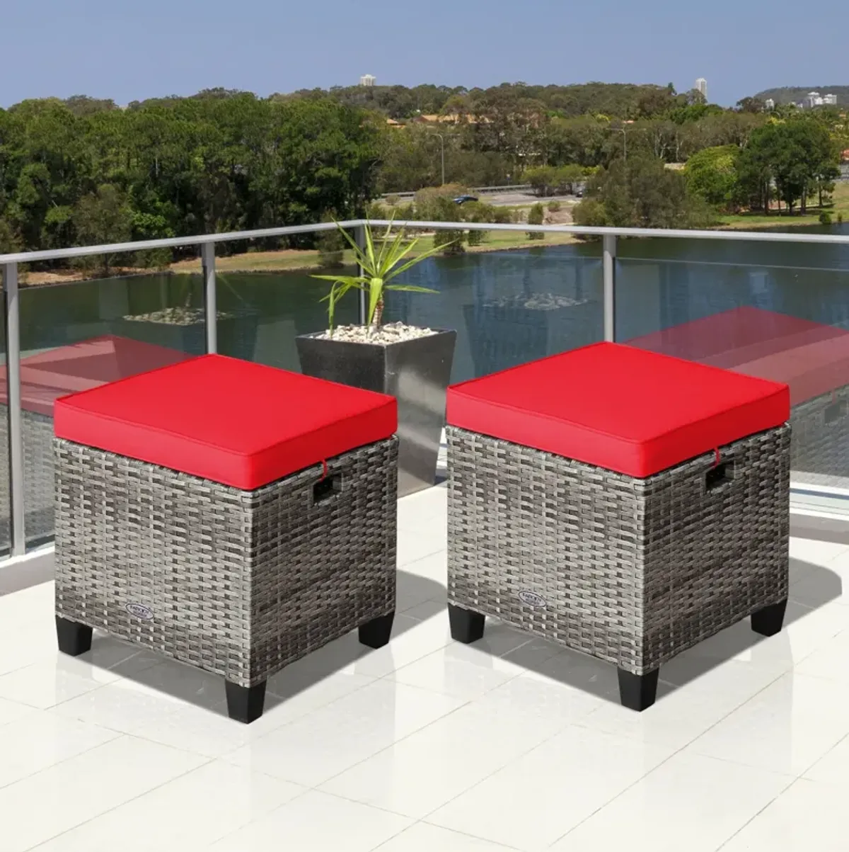 2PCS Patio Rattan Wicker Ottoman Seat with Removable Cushions