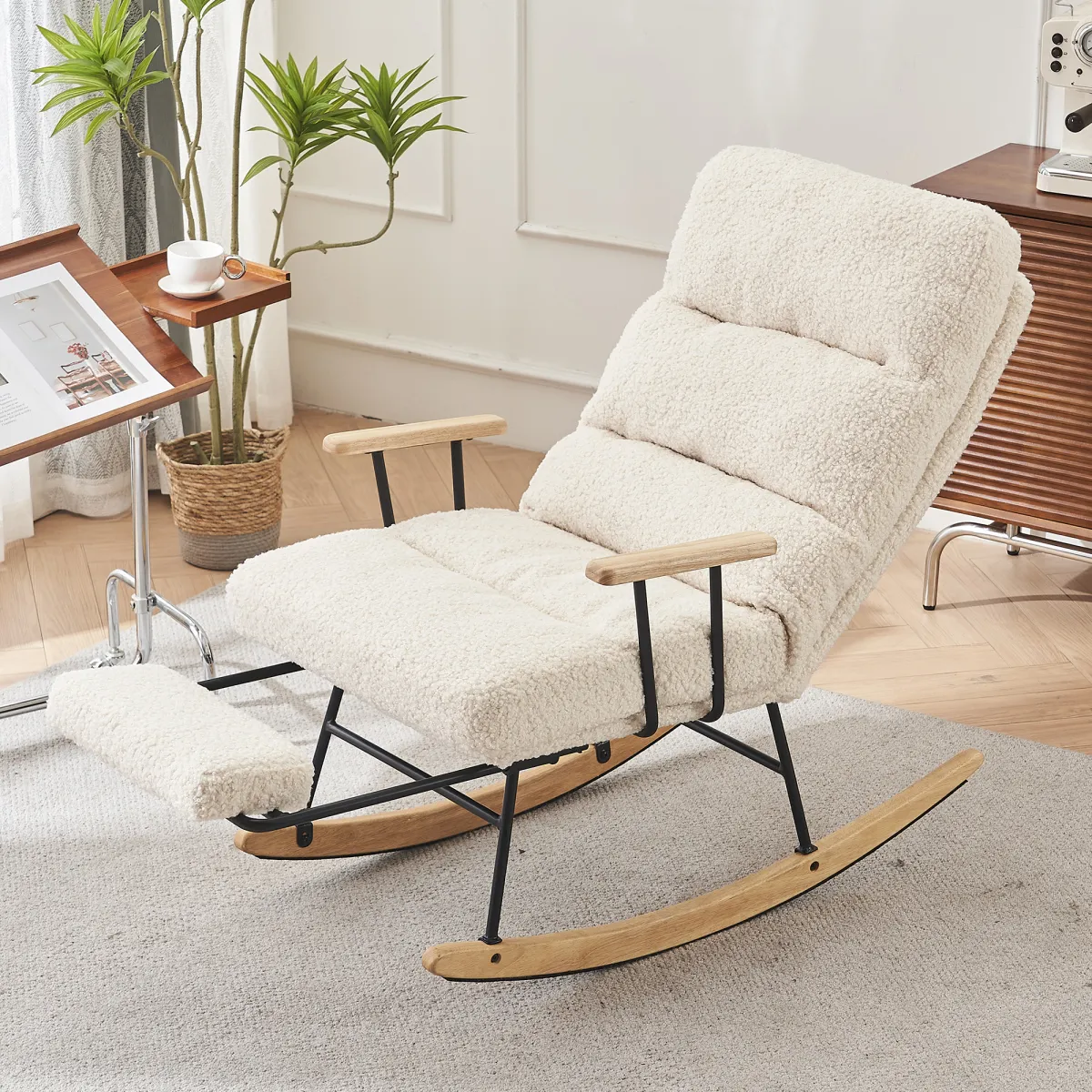 Modern Teddy Gliding Rocking Chair with High Back, Retractable Footrest, and Adjustable Back Angle for Nursery, Living Room, and Bedroom, Beige