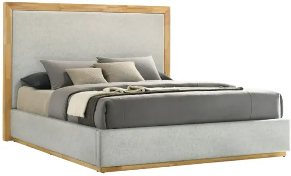 Noe Malia King Size Bed, Gray Polyester Upholstery, Natural Wood Frame - Benzara