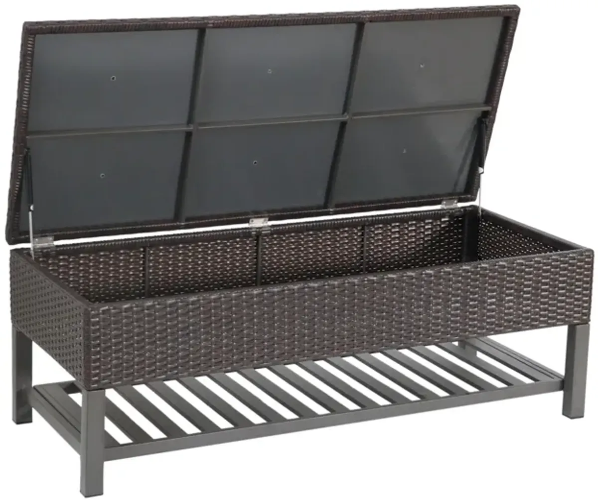 Slade Outdoor Storage Bench with Rack, Brown PE Rattan, Iron 51 Inch - Benzara