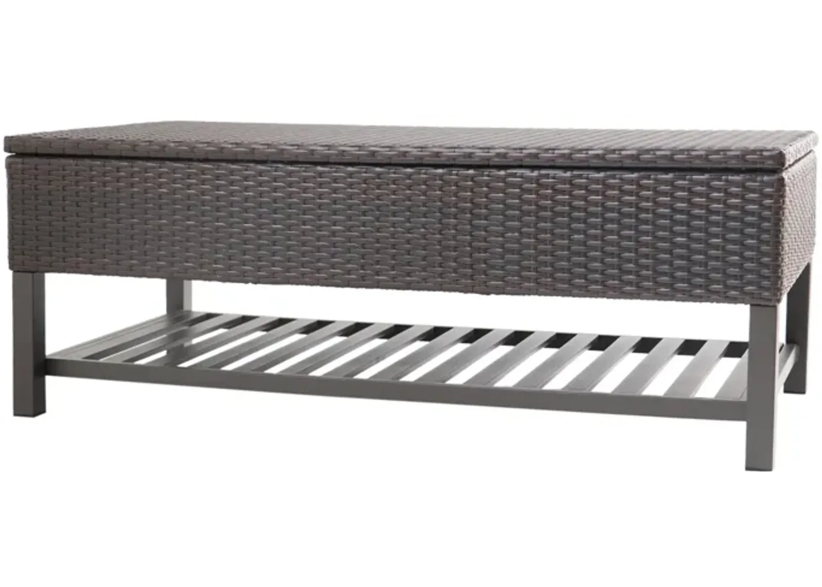 Slade Outdoor Storage Bench with Rack, Brown PE Rattan, Iron 51 Inch - Benzara