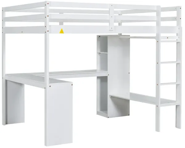 Whisen Full Size Loft Bed with L-shaped Desk, Wardrobe and Storage Shelves - Grey