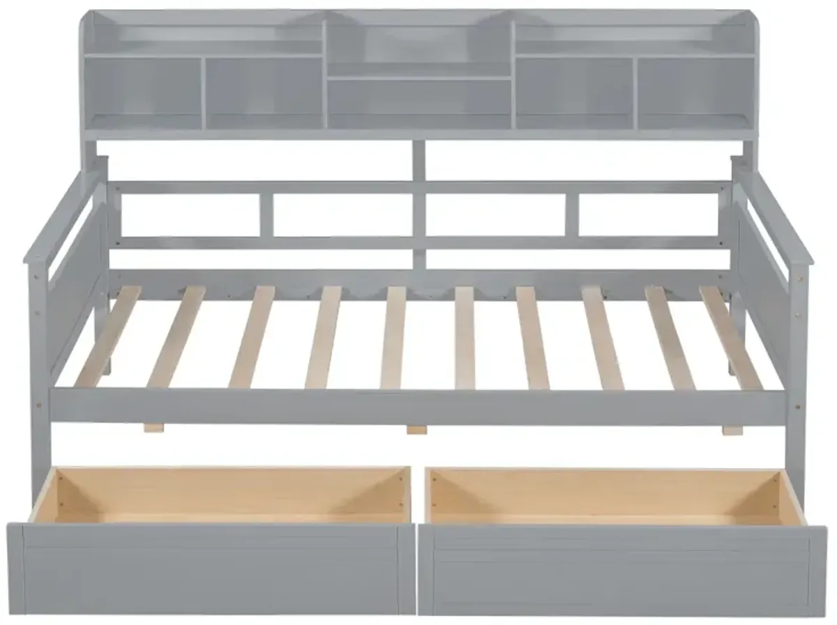 Twin Size Daybed, Wood Slat Support, With Bedside Shelves And Two Drawers