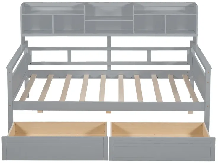 Twin Size Daybed, Wood Slat Support, With Bedside Shelves And Two Drawers