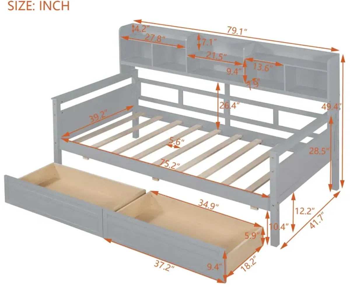 Twin Size Daybed, Wood Slat Support, With Bedside Shelves And Two Drawers