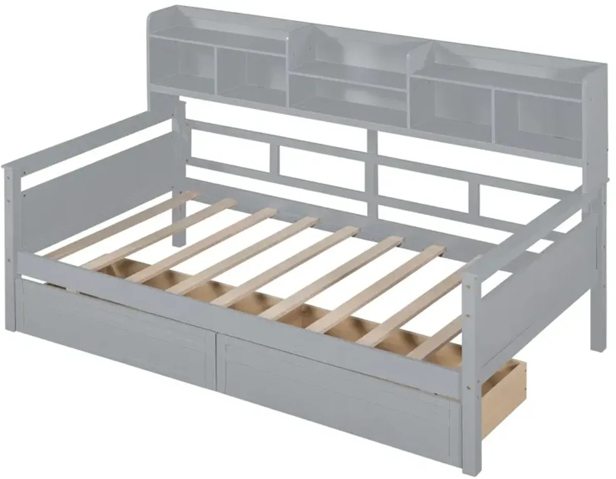 Twin Size Daybed, Wood Slat Support, With Bedside Shelves And Two Drawers