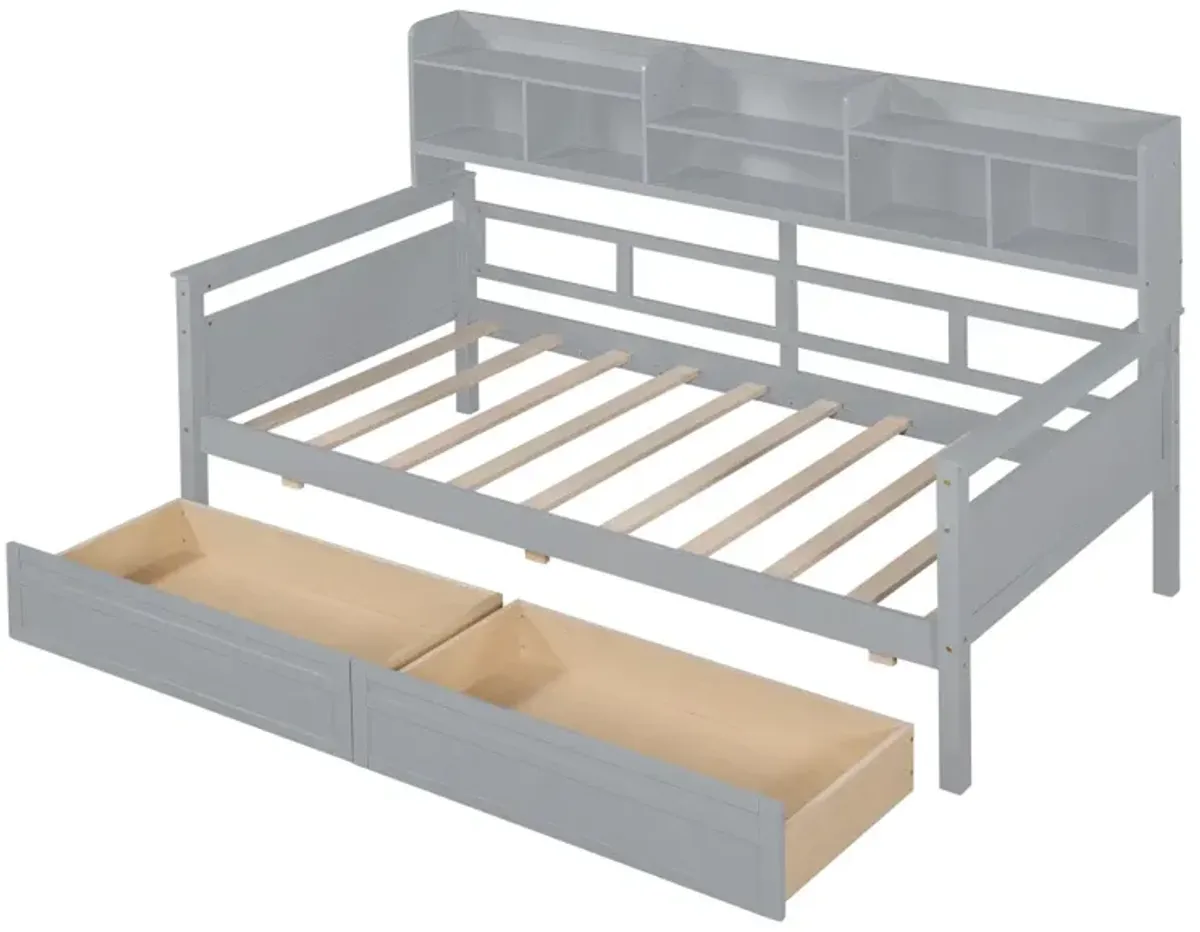 Twin Size Daybed, Wood Slat Support, With Bedside Shelves And Two Drawers