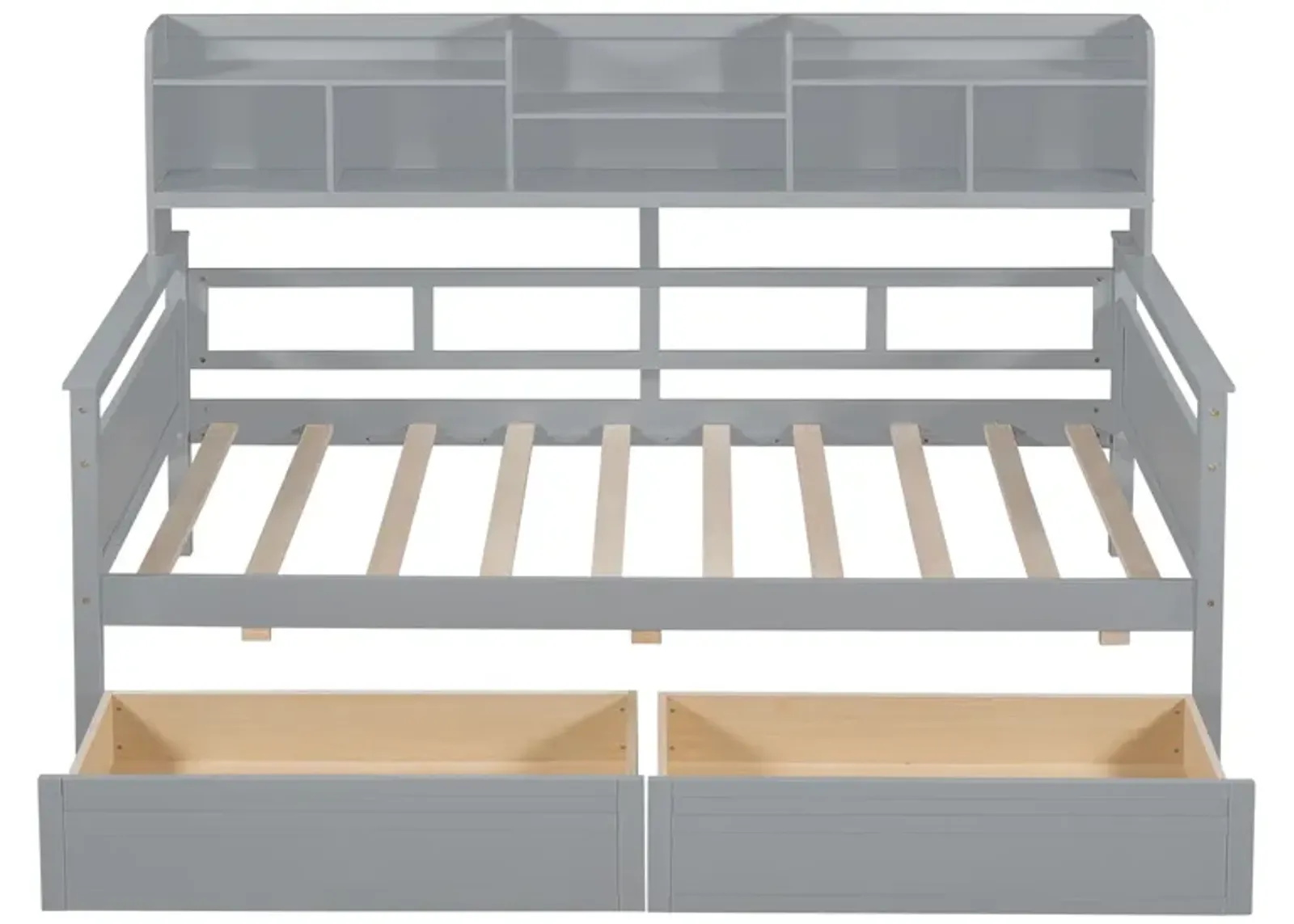 Twin Size Daybed, Wood Slat Support, With Bedside Shelves And Two Drawers