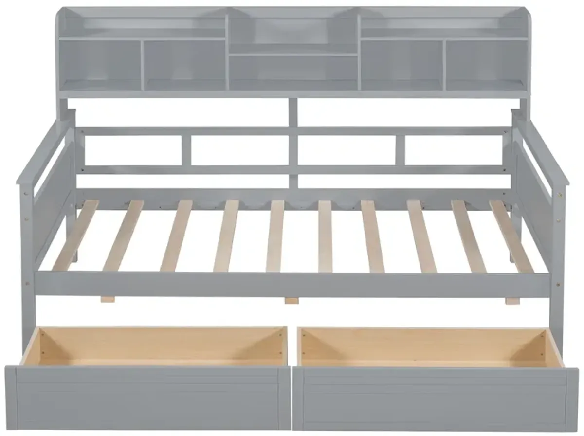 Twin Size Daybed, Wood Slat Support, With Bedside Shelves And Two Drawers