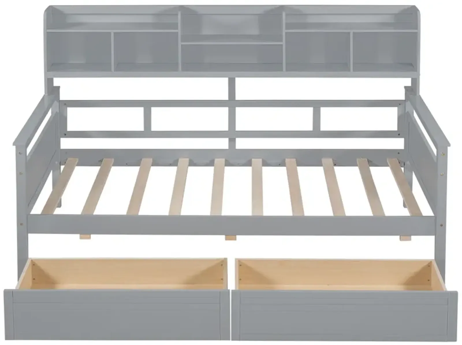 Twin Size Daybed, Wood Slat Support, With Bedside Shelves And Two Drawers