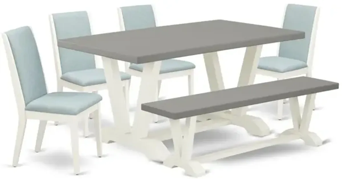 East West Furniture V096LA015-6 6-Piece Gorgeous Rectangular Table Set an Excellent Cement Color Dining Room Table Top and Cement Color Indoor Bench and 4 Wonderful Linen Fabric Padded Chairs with Sty