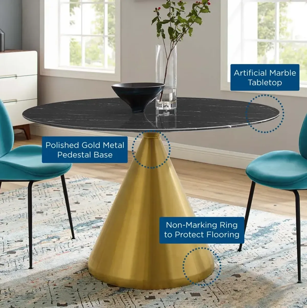 Modway - Tupelo 47" Artificial Marble Dining Table Gold Black