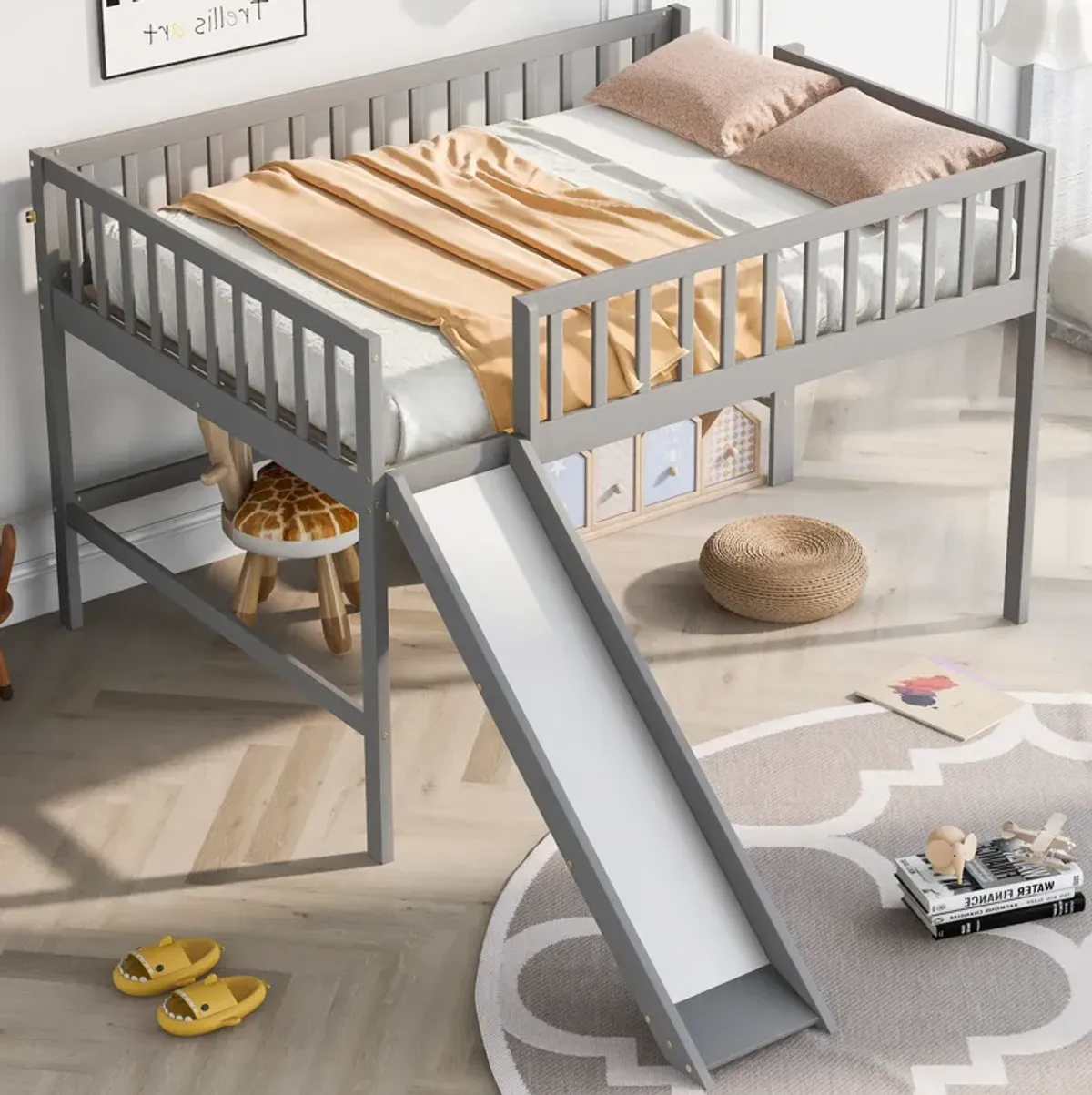 Whisen Modern and Simple Wood Full Size Low Loft Bed with Ladder and Slide - White