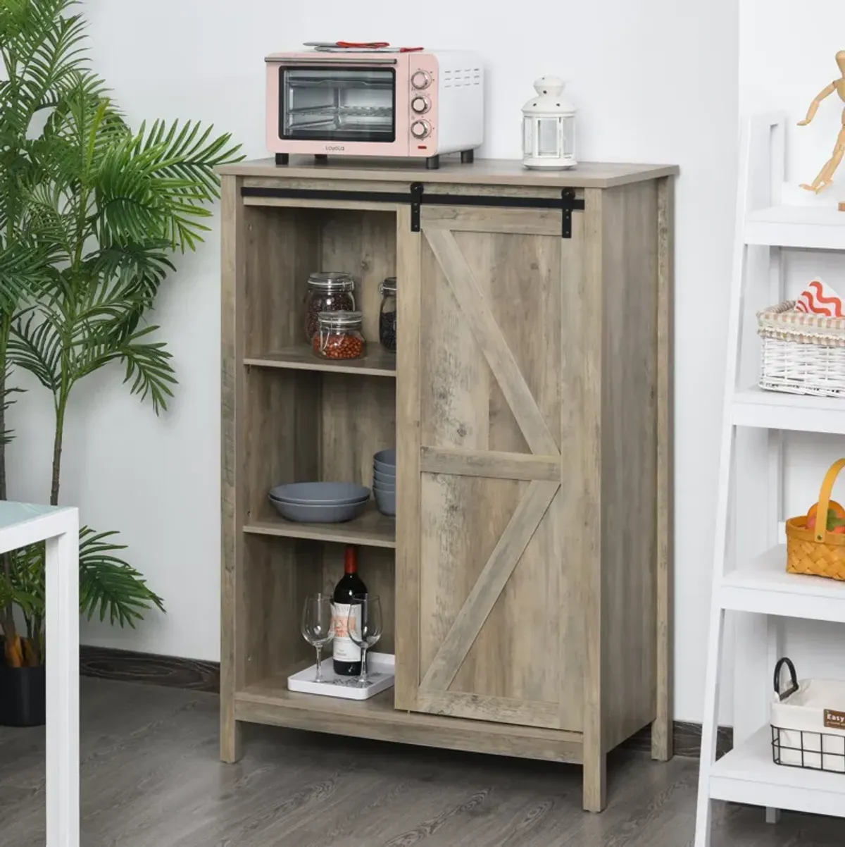 Rustic Gray Storage: 3-Tier Kitchen Cabinet with Barn Door