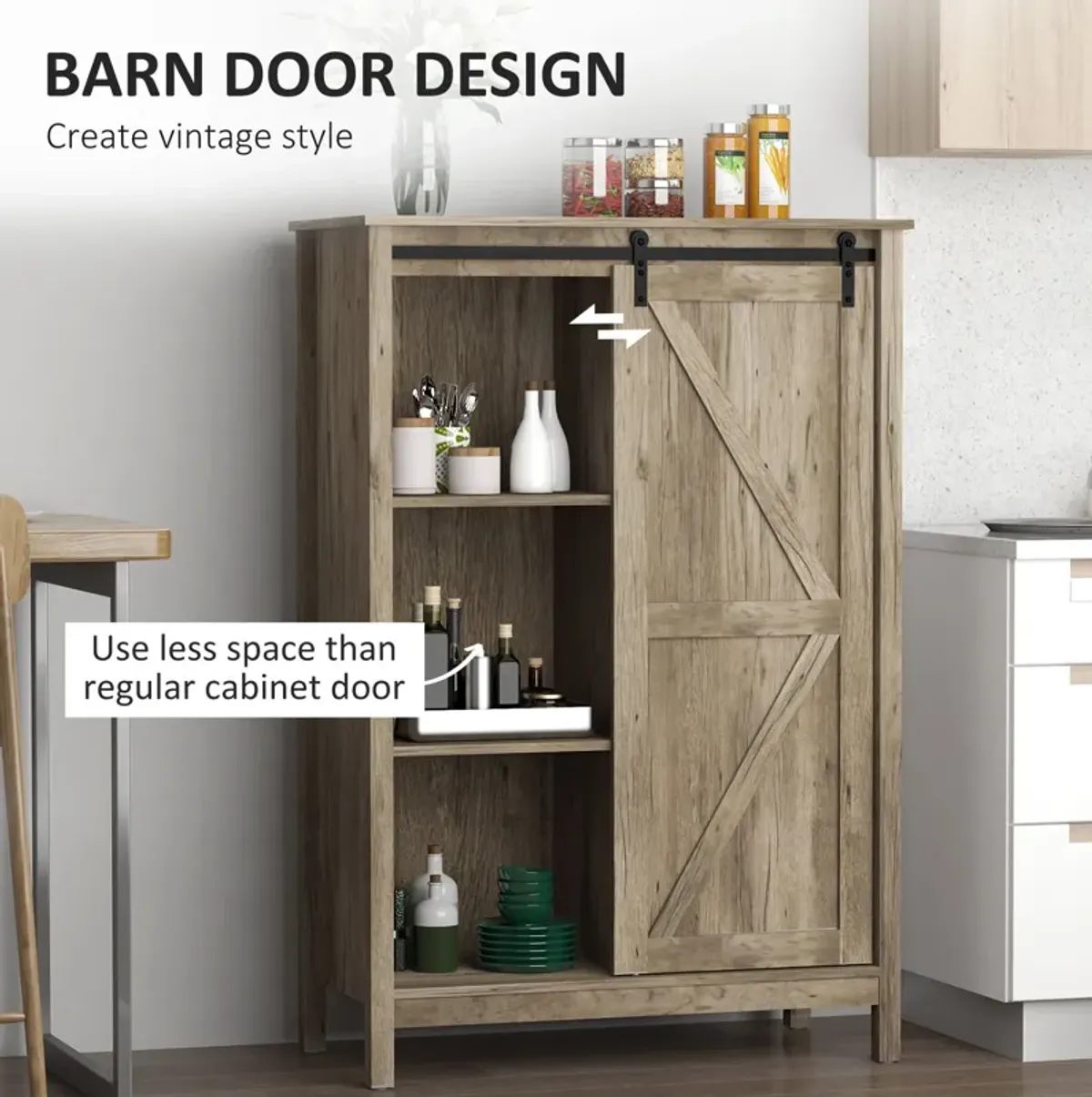 Rustic Gray Storage: 3-Tier Kitchen Cabinet with Barn Door