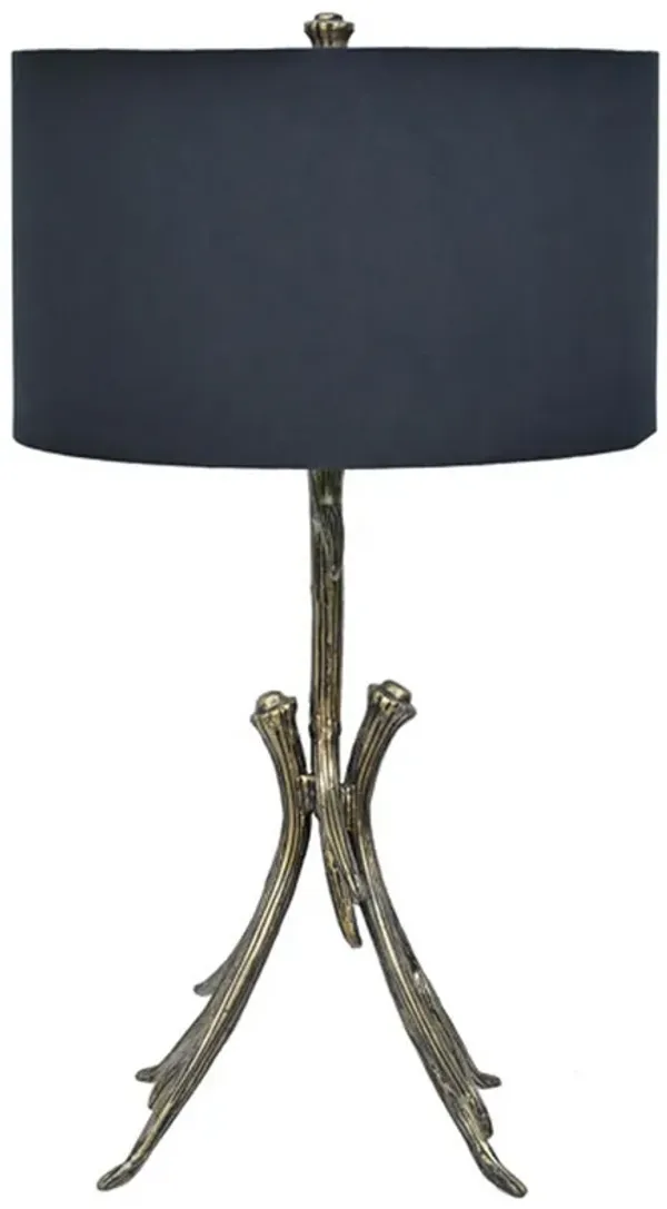 31 Inch Modern Table Lamp, Black Drum Shade, Unique Gilt Base Bronze Metal - Benzara