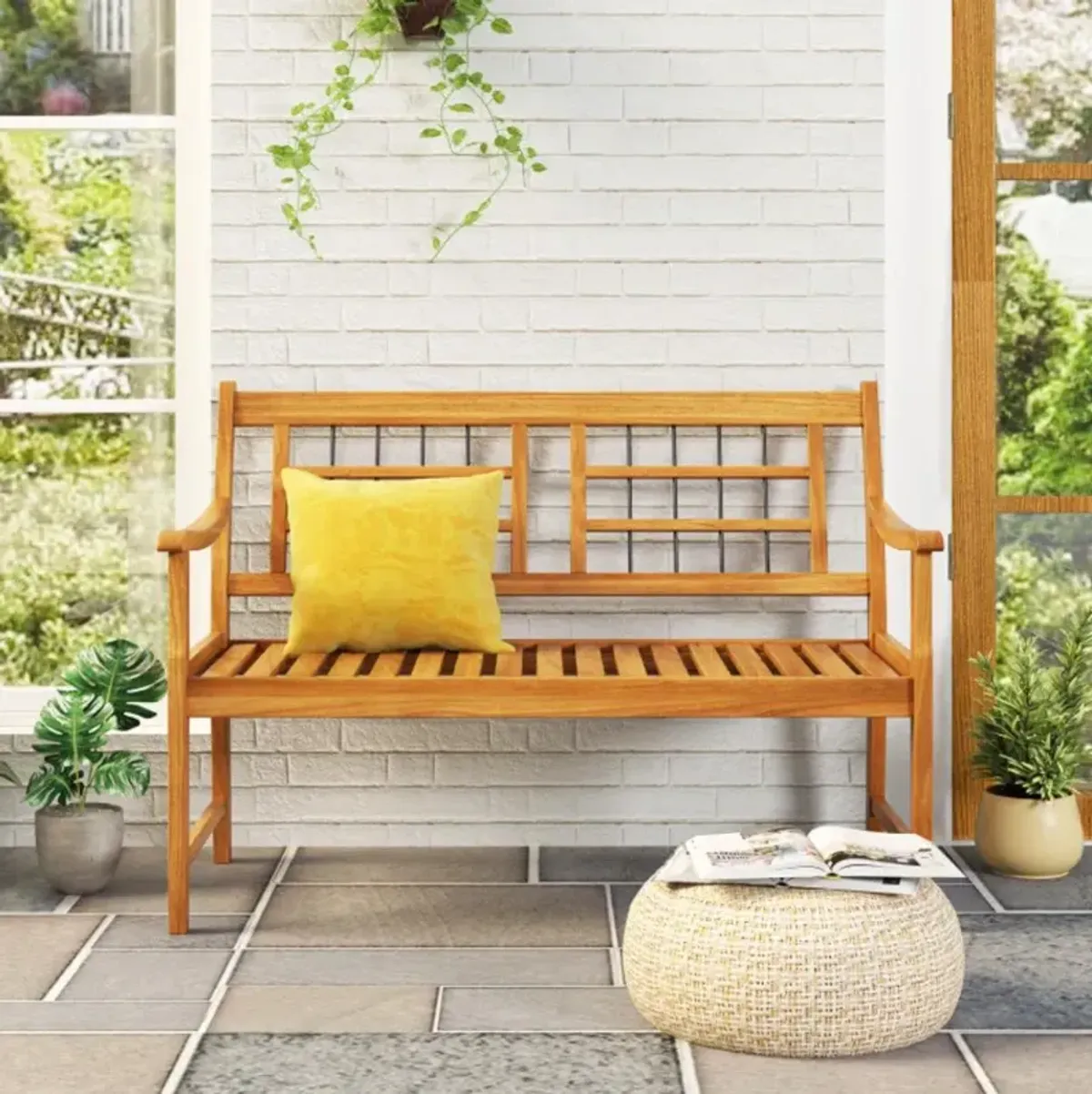 Hivvago Patio Acacia Wood Bench with Curved Armrests Slatted Seat and Backrest