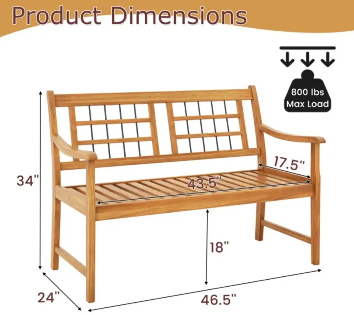 Hivvago Patio Acacia Wood Bench with Curved Armrests Slatted Seat and Backrest