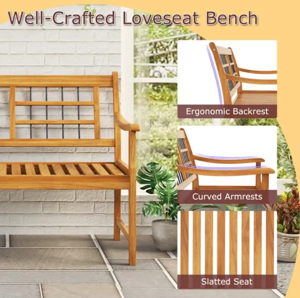 Hivvago Patio Acacia Wood Bench with Curved Armrests Slatted Seat and Backrest