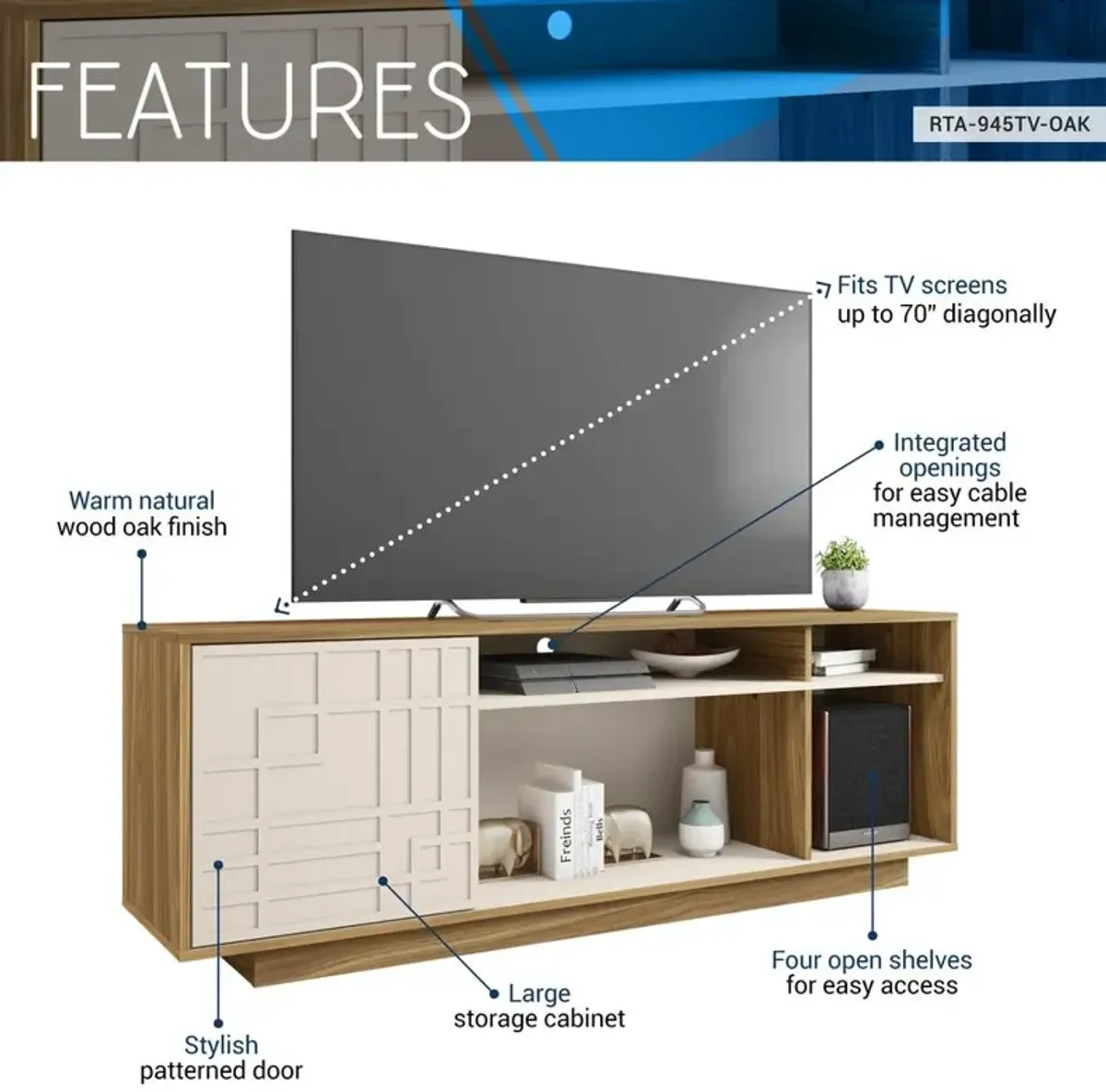 Techni Mobili TV Stand for Screen TVs Up to 70” When Measured Diagonally