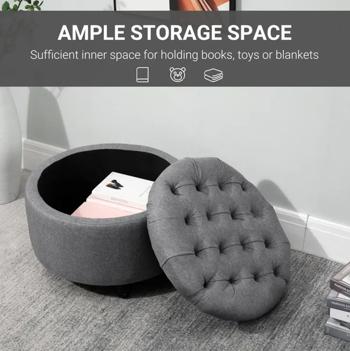 Grey Living Room Storage: Round Tufted Linen Ottoman Bench