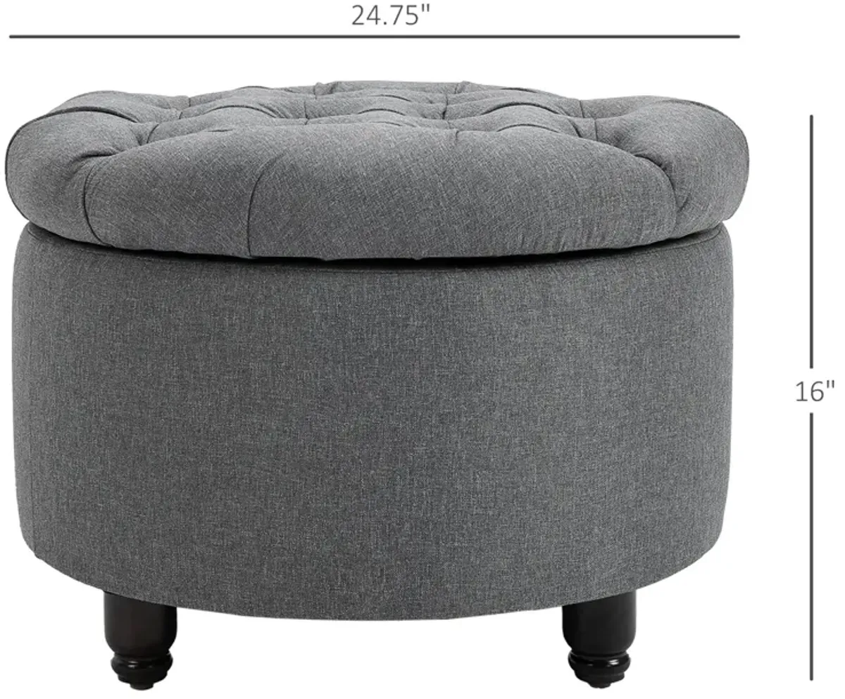 Grey Living Room Storage: Round Tufted Linen Ottoman Bench