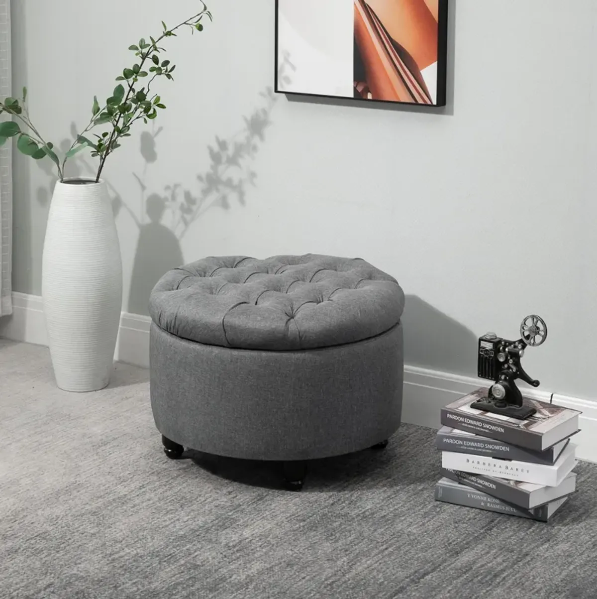 Grey Living Room Storage: Round Tufted Linen Ottoman Bench