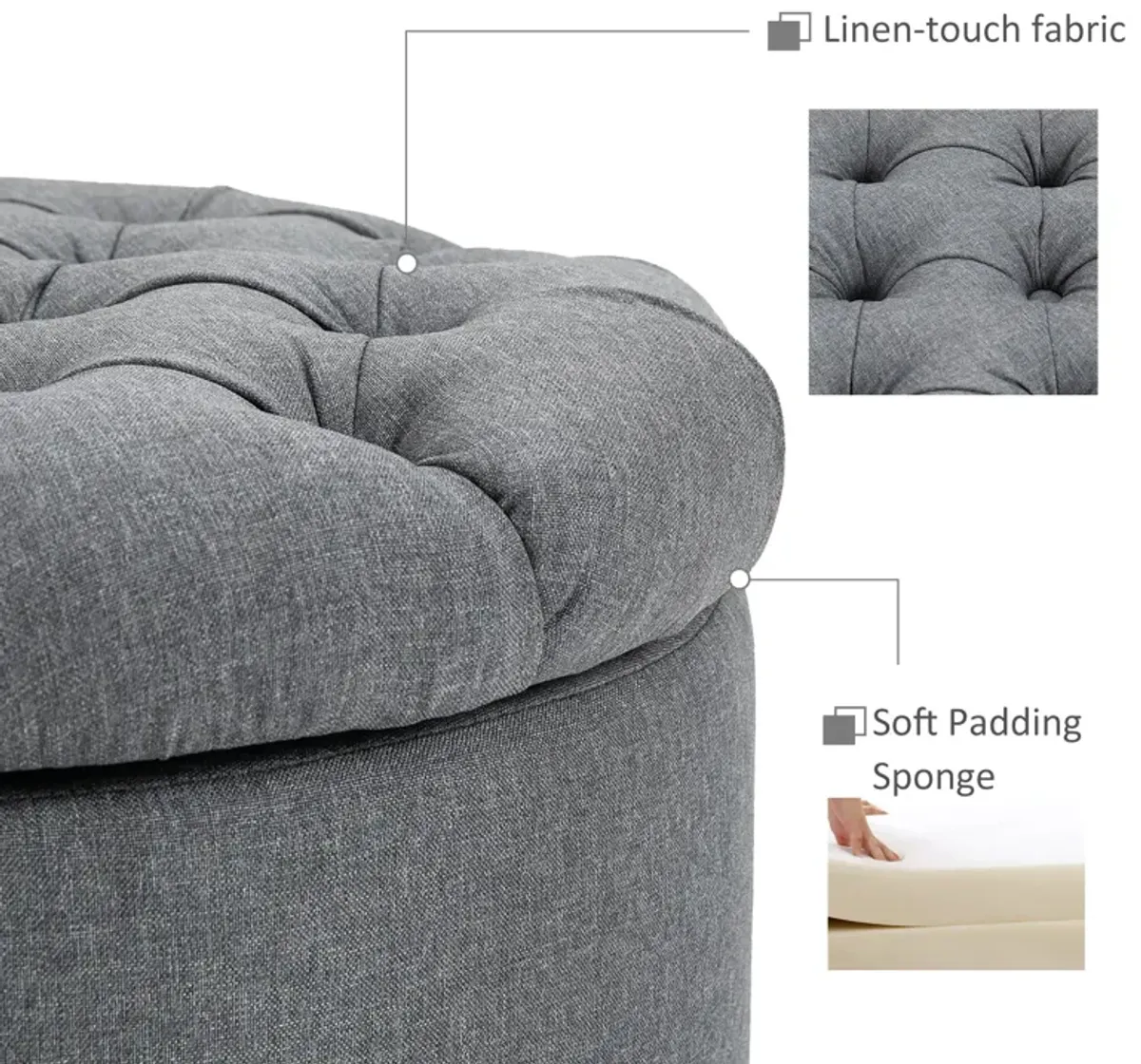 Grey Living Room Storage: Round Tufted Linen Ottoman Bench