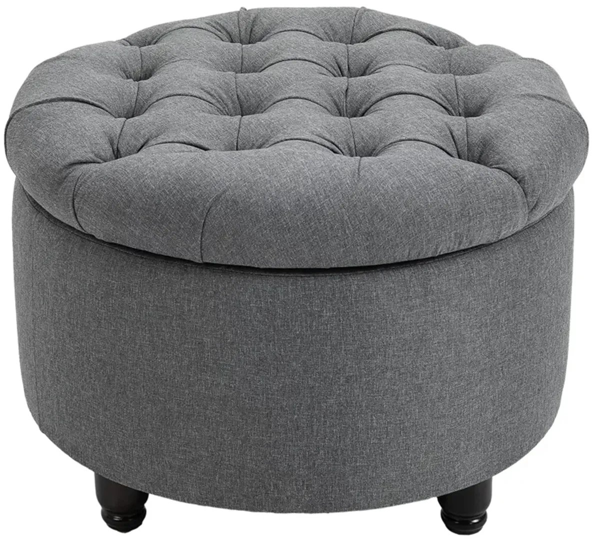 Grey Living Room Storage: Round Tufted Linen Ottoman Bench