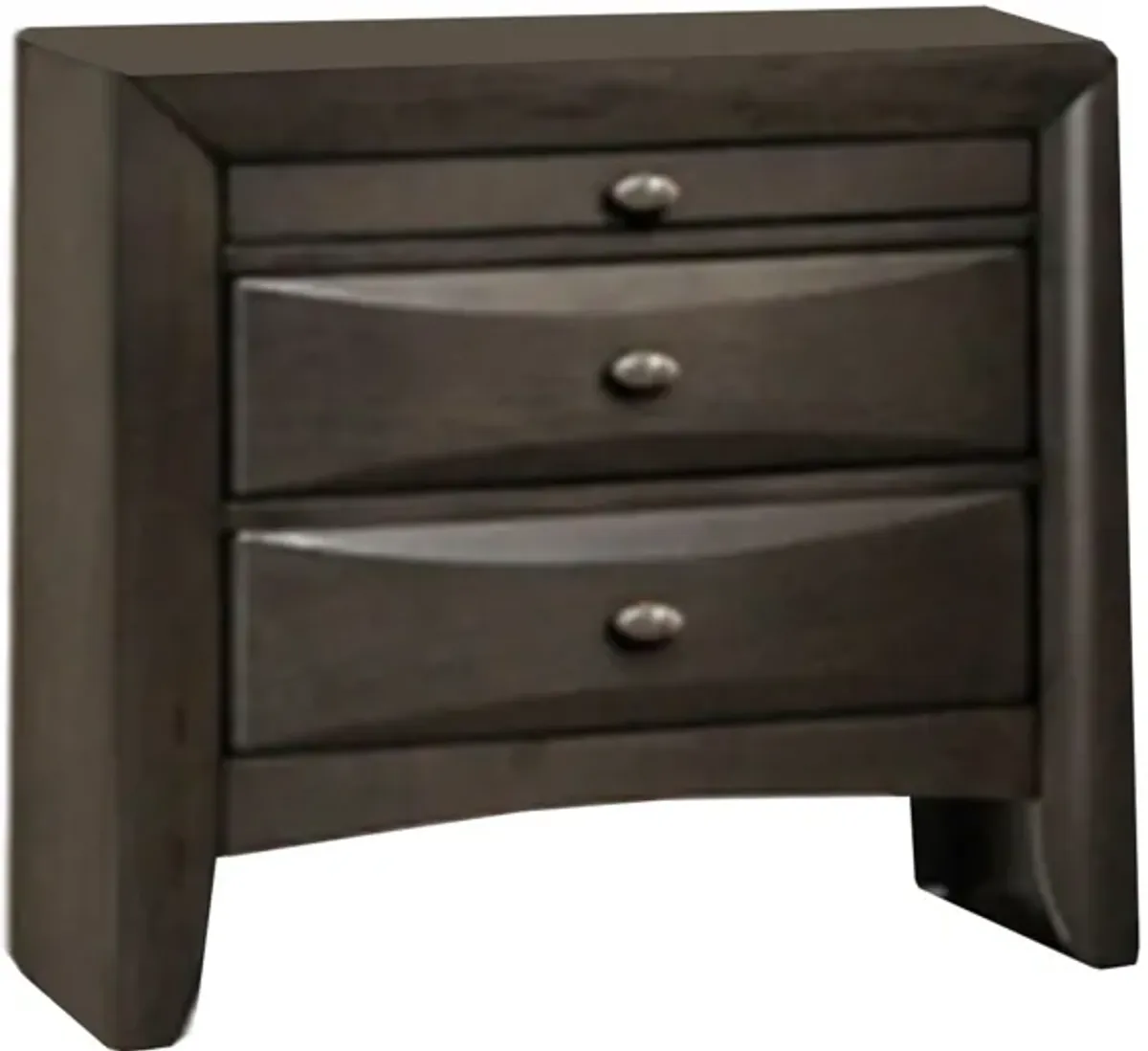 Simo Nightstand, Spacious Top, Metal Knobs, 3 Drawers, Gray Solid Wood