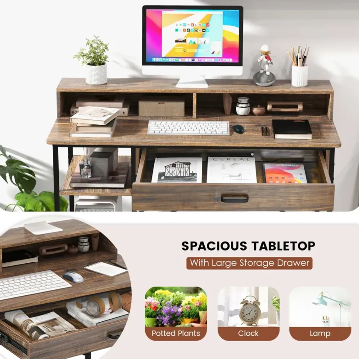 48 Inch Computer Desk with Monitor Stand Drawer and Shelves-Rustic Brown