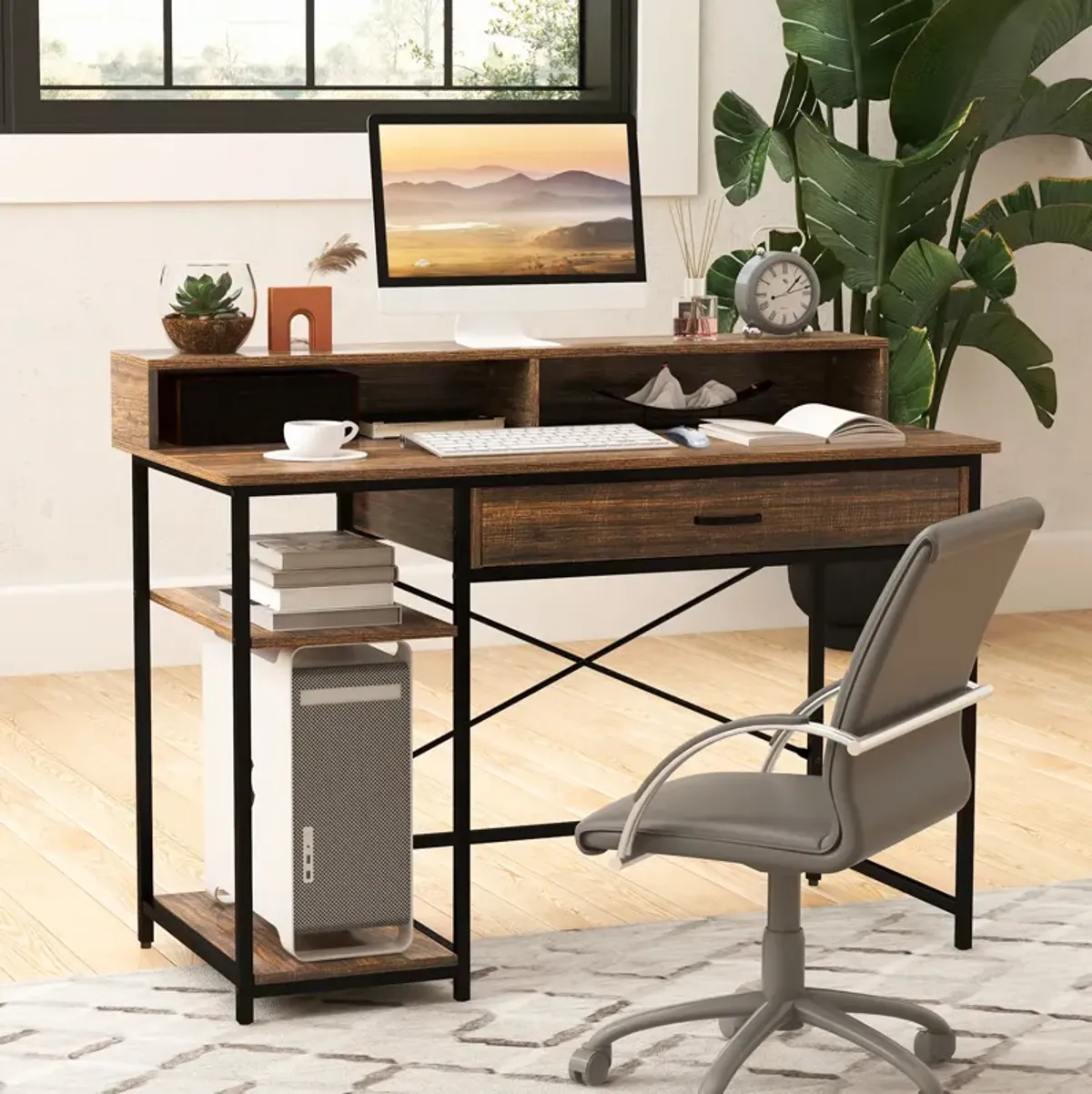 48 Inch Computer Desk with Monitor Stand Drawer and Shelves-Rustic Brown