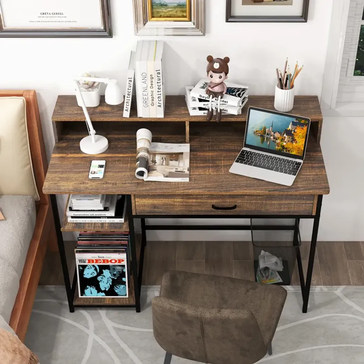 48 Inch Computer Desk with Monitor Stand Drawer and Shelves-Rustic Brown