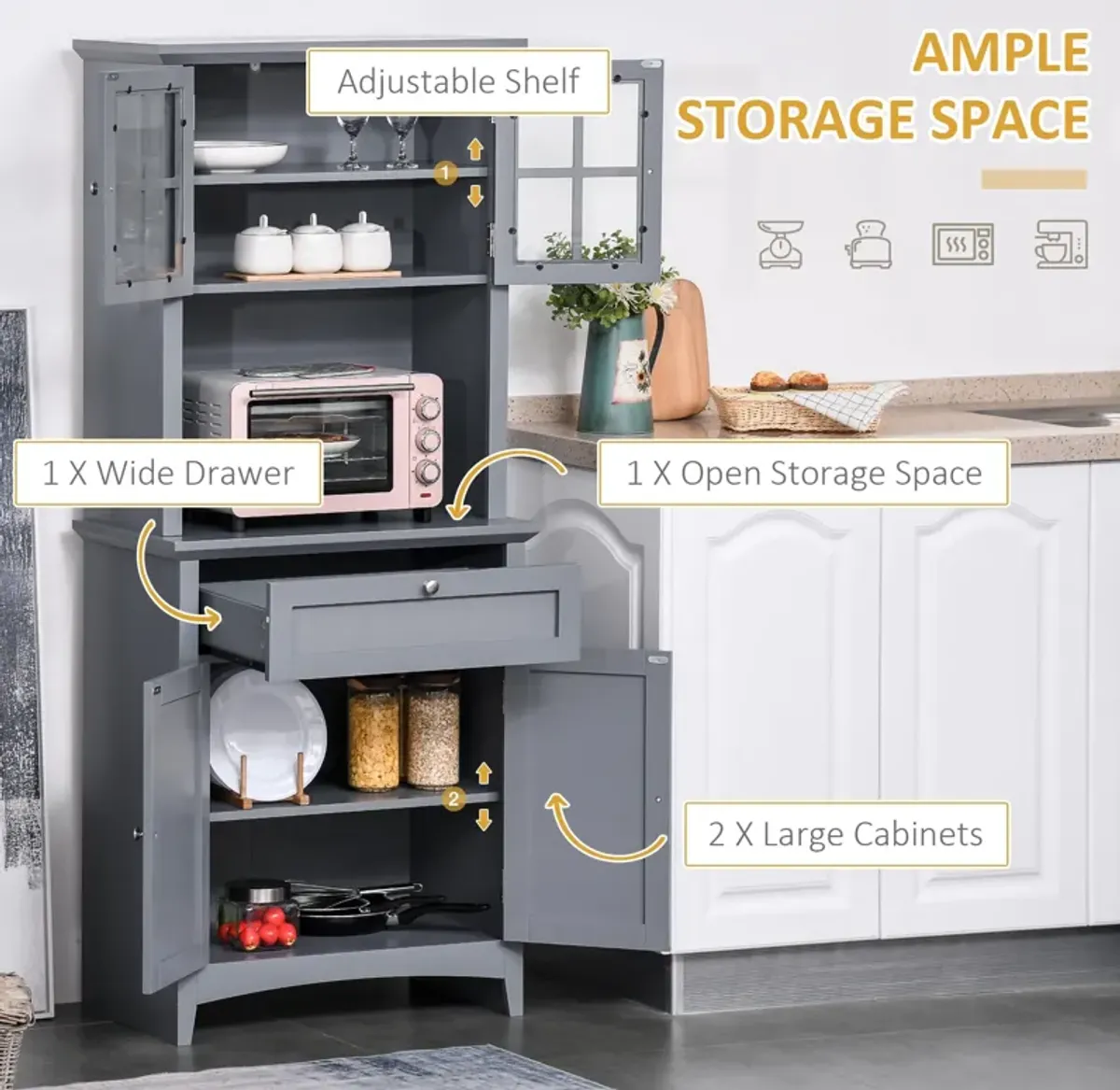 Gray Kitchen Storage: Freestanding Buffet Hutch with Doors and Drawer