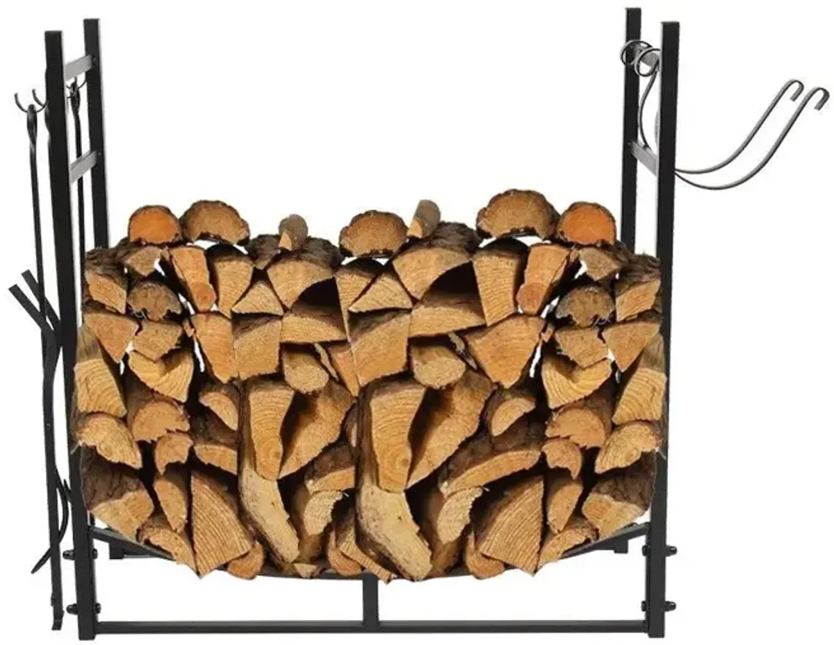 Hivvago Black Metal Firewood Holder Log Rack with Poker Shovel Tongs and Broom