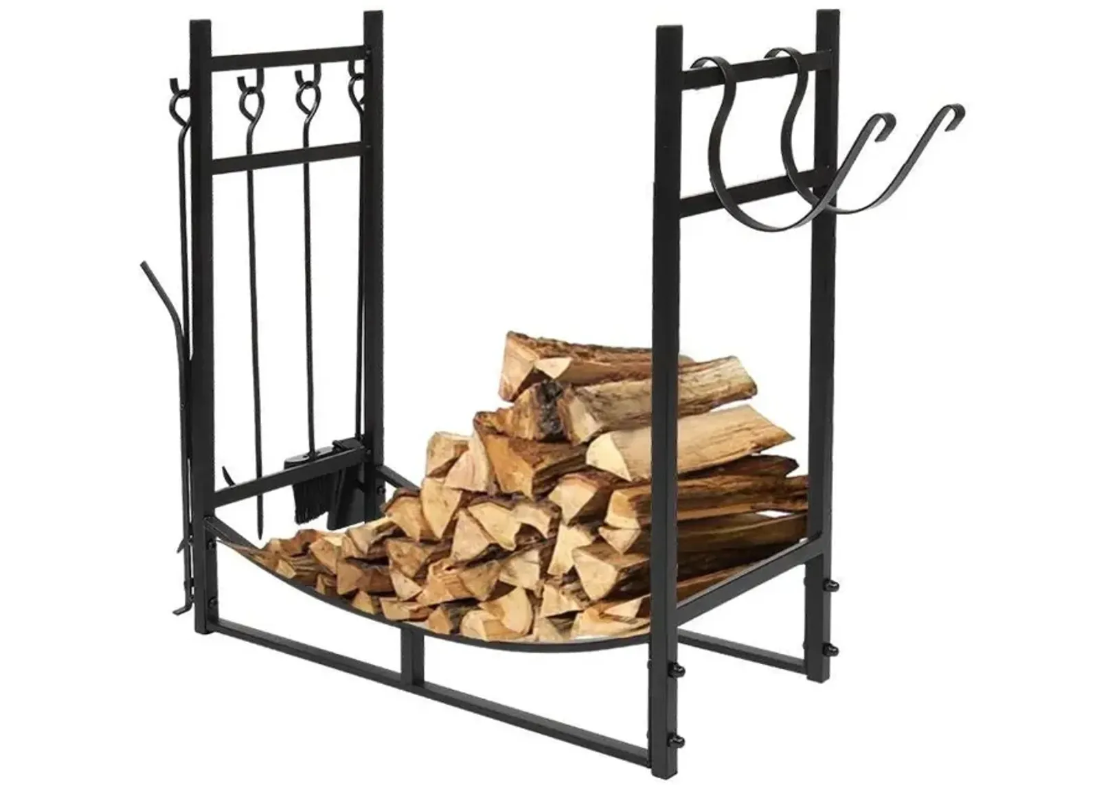 Hivvago Black Metal Firewood Holder Log Rack with Poker Shovel Tongs and Broom