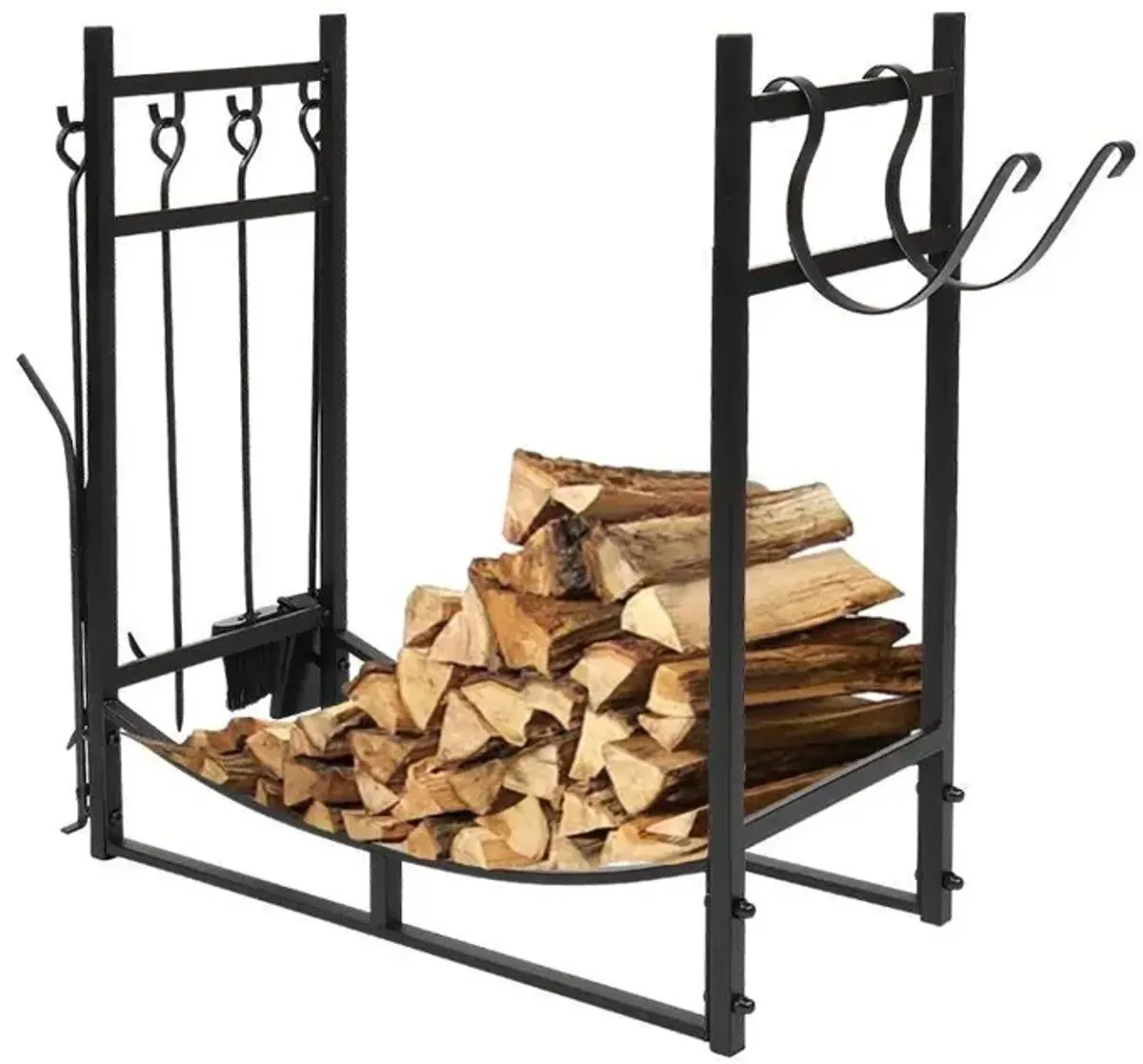 Hivvago Black Metal Firewood Holder Log Rack with Poker Shovel Tongs and Broom